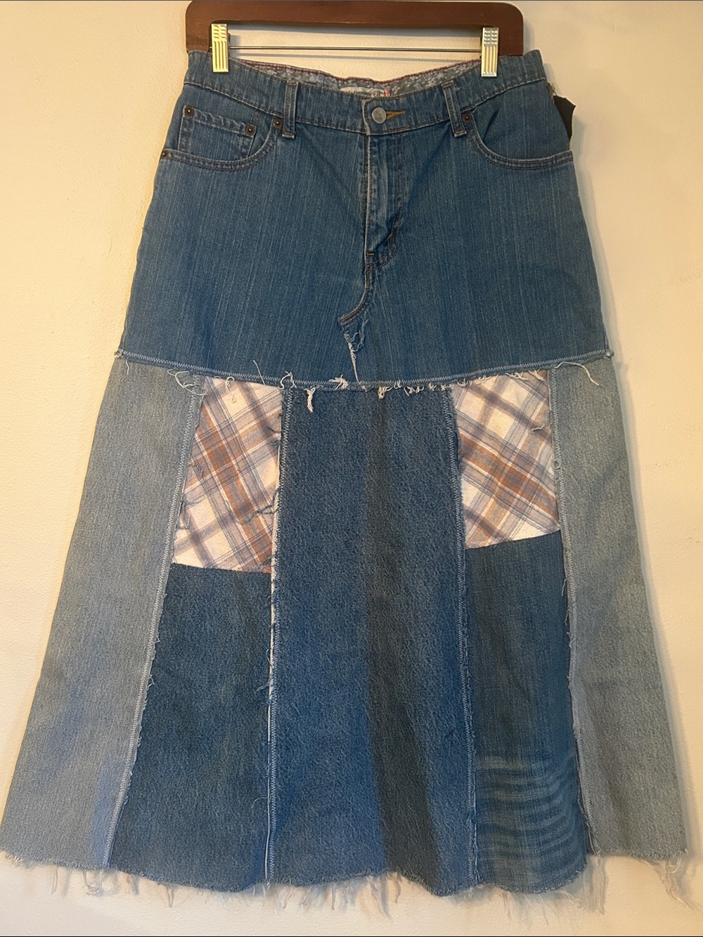 Upcycled retro style levis denim jean midi maxi skirt